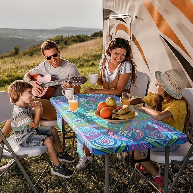 Picnic Table Cover with Bench Covers Fitted Waterproof Large Camping Tablecloth with Elastic for 8 Foot Tables Outdoor Travel RV Essentials Summer Vacation Accessories Fun Gifts for Couples