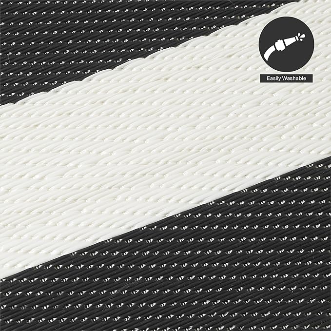 FH Home Outdoor Camping Rug - Waterproof, Fade Resistant, Reversible - Premium Recycled Plastic - Striped - Picnic, Patio, Deck, Sunroom, RV - Brittany Stripe - Black & White - 4 x 6 ft Foldable