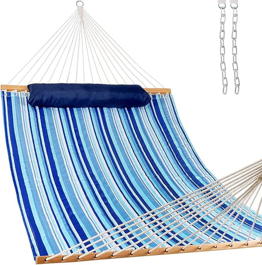 Lazy Daze Hammocks 12 FT Quilted Fabric Double Hammock with Spreader Bars and Detachable Pillow, 450 LBS Weight Capacity, Mixed Blue Stripes