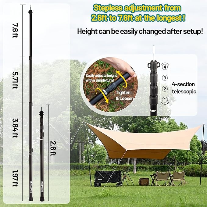 Tarp Poles Adjustable Heavy Duty, XINCAMPING Tent Poles Aviation Aluminum 7.7FT Lengthen and Thicken with Protection Cap Awning Poles Set of 2 for Camping Hiking