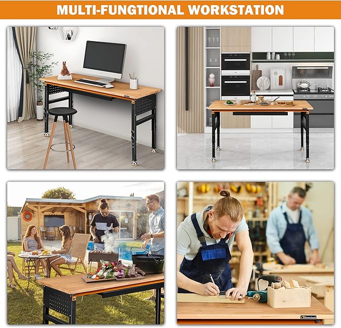 60" Heavy-Duty Adjustable Workbench for Garage, Rubber Wood Shop Table W/Double Pegboards & Drawer,Hardwood Workstation Weight Capacity Over 2000 Lbs