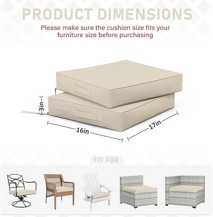 Patio Chair Cushions 17 X 16 X 3 Inch Waterproof Outdoor Seat Cushions for Patio Furniture, Outdoor Sofa Couch Pads with Ties & Handle, Set of 2, Cream
