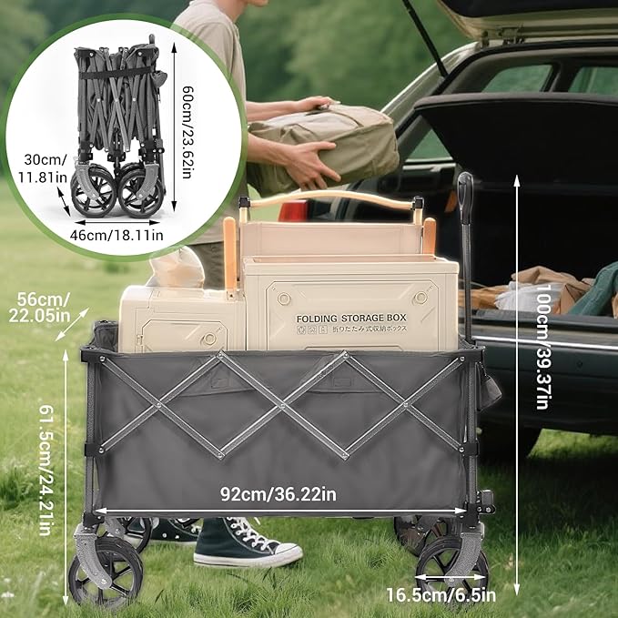 400L Heavy Duty Folding Wagon Cart-450LBS Capacity All-Terrain Beach Cart with Big Wheels & Drink Holders-Push/Pull Utility Cart for Groceries, Camping, Sports, Shopping (Grey)