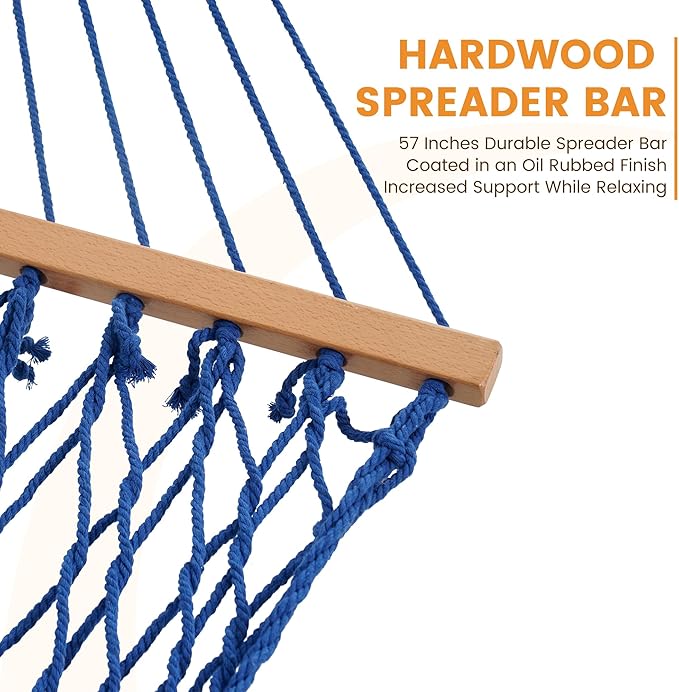 Lazy Daze Hammocks 12FT Double Rope Hammocks, 2 Person Hand Woven Cotton Hammock with Spreader Bar for Outdoor, Indoor, Patio, Poolside, FIT 13-15 Foot Stand, Max 450 Lbs, Blue, 141 x 57 inches