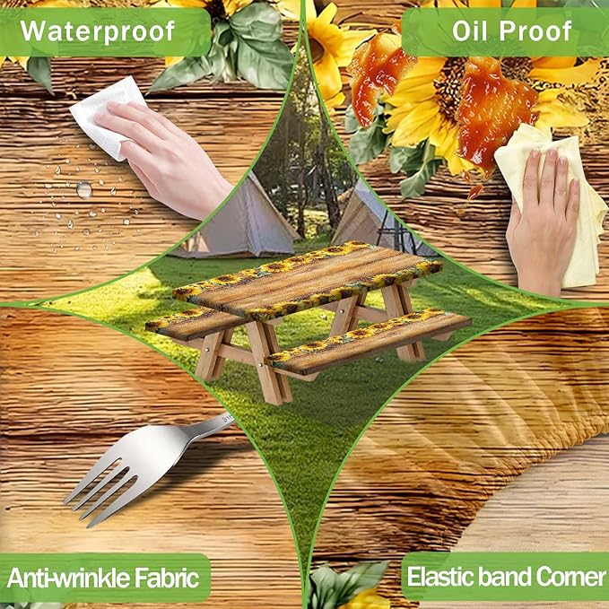 Picnic Table Cover with Bench Covers, Sunflower Wood Grain Pattern Elastic Edges, Waterproof Windproof Fitted Tablecloth, for Outdoor Camping Patio Garden, Includes Drawstring Bag, 72 in