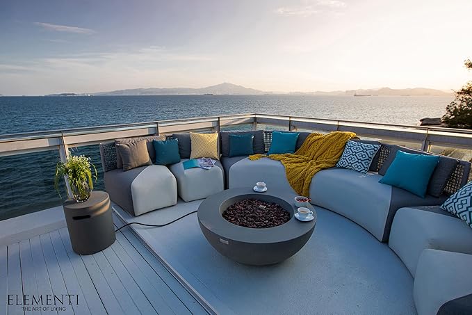 Elementi | Bundle Lunar Gas Fire Pit Cast Concrete 42" Round Fire Table, Outdoor Fire Pit Electronic Ignition | Canvas Cover, Lava Rock Included | Light Gray (Propane Gas)