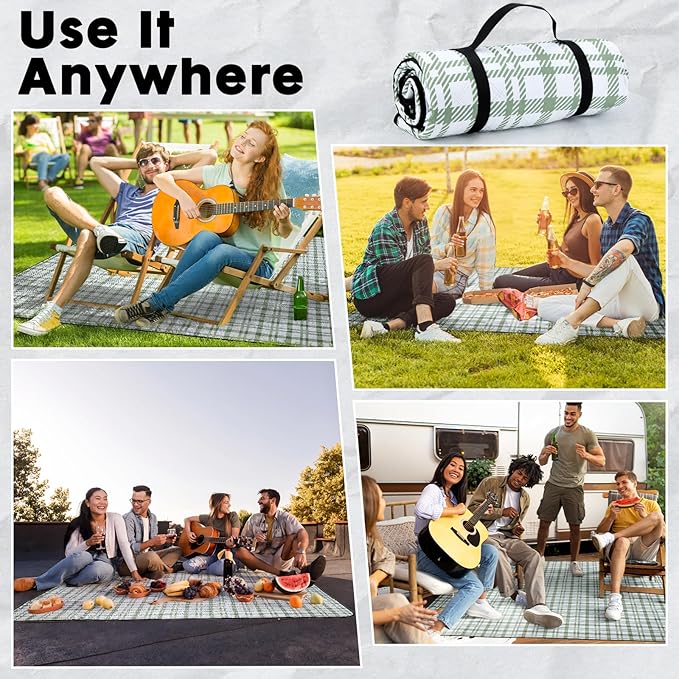 Picnic Blanket 80''x80'' Extra Large Outdoor Blanket, Waterproof, Sandproof, Machine Washable, Tear Resistant, Foldable Picnic Mat for Camping, Grass, Park, Travel, Beach – Green