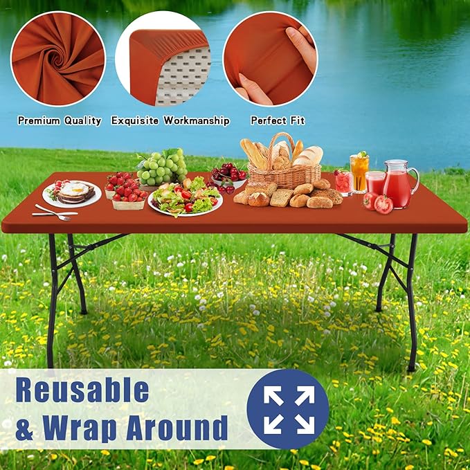 Spandex Picnic Table Cloth 2 Pack, Elastic Fitted Tablecloths for 8 Foot Rectangle Tables, Stretch Washable Patio Table Cover for Outdoor, Camping, Banquet and Parties (Rust, 30"x96")