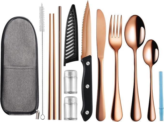 Travel Utensils with Case,Reusable Utensils,Portable Travel Camping Cutlery Set,Stainless Steel Flatware Set,Lunch Boxes Workplace Camping School Picnic (Rose Gold)