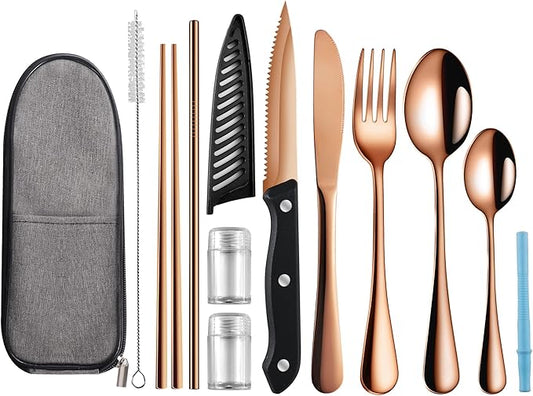 Travel Utensils with Case,Reusable Utensils,Portable Travel Camping Cutlery Set,Stainless Steel Flatware Set,Lunch Boxes Workplace Camping School Picnic (Rose Gold)