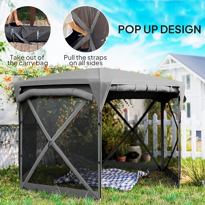 Outsunny Pop Up Gazebo Screen Tent House, 11 x 11ft with UPF30+ Removable Roof Cover, 4 Roll-up Wind Panels and Carry Bag for Camping, Patio, Backyard, Lawn, Dark Gray