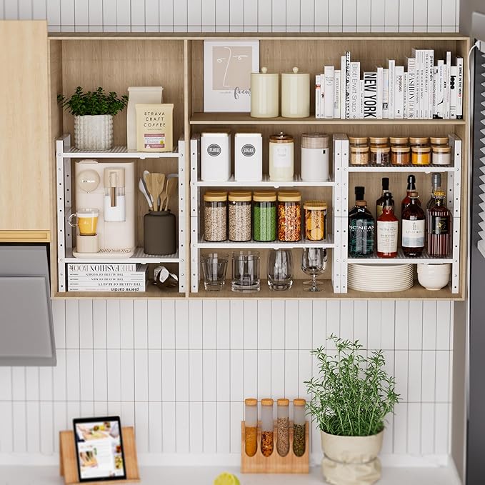 Expandable Spice Rack, Stackable Metal Pantry Storage Shelves Stand, Adjustable Height Cabinet Shelf Organizer Racks(3PACKS/WHITE,LARGE)