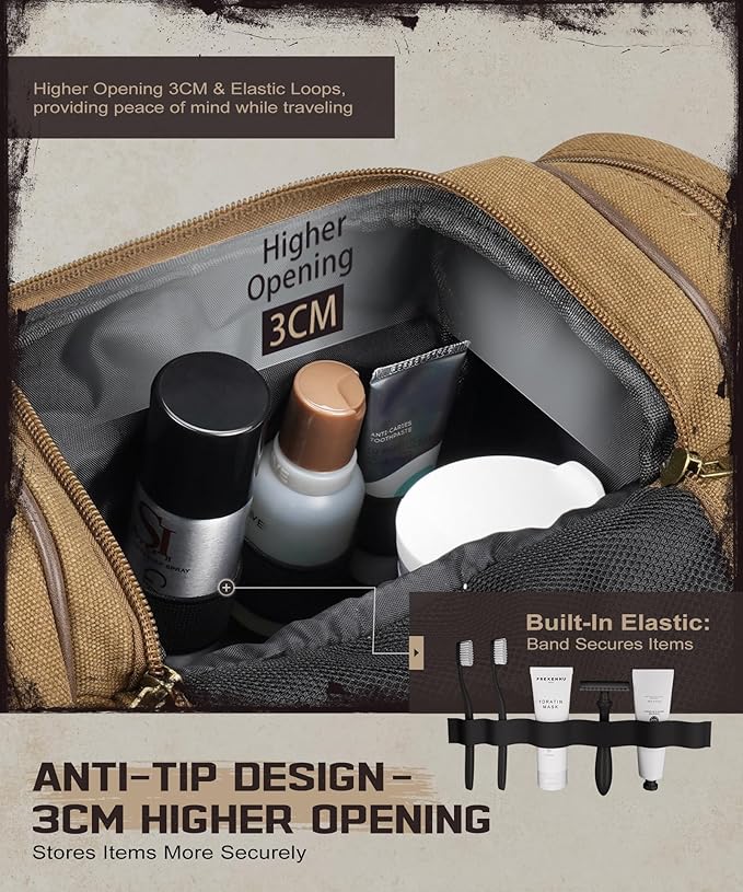 ARCFOX Travel Hanging Toiletry Bag for Men, Vintage Canvas Large Toiletry Bag with 7 Compartments, Camping Gym Travel Toiletry Kit Organizer with PVC Wet & Dry Pockets, Personalized Wash Bag, Brown