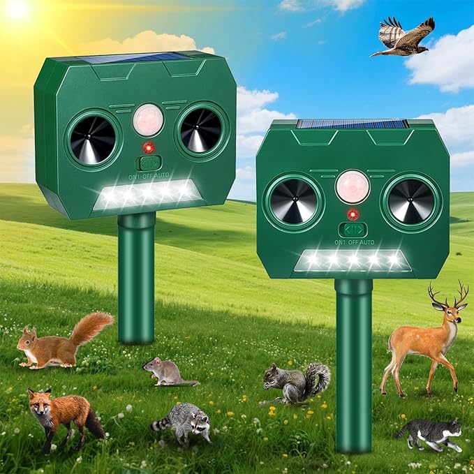 2 Packs Solar Ultrasonic Animal Repeller Outdoor Cat Repellent, Solar Deer Repellent Devices with Strobe Lights Motion Sensor Animal Deterrent,Keep Raccoon Squirrel Skunk Rabbit Out of Yard Garden
