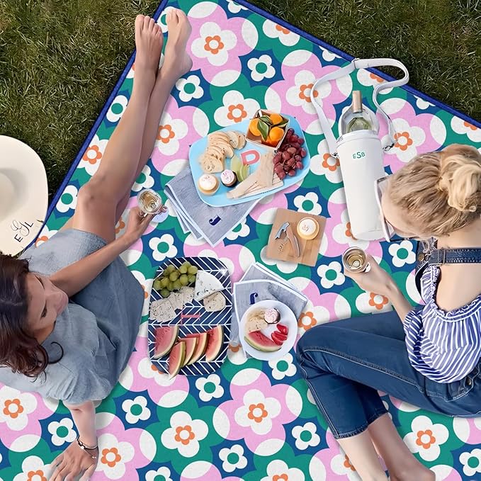 Block Floral Picnic Blankets Waterproof Foldable, 60″X80″Boho Thick Picnic Mat Outdoor Blanket for Grass,Cute Beach Blanket Sandproof Picnic Accessories for Camping Picnic Party Park Hiking