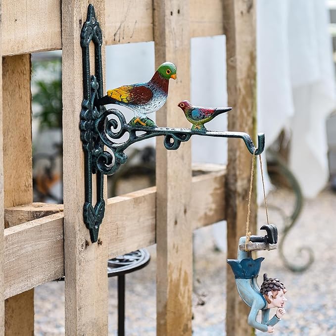 Sungmor Cast Iron Hanging Plant Bracket, 2 Pack Heavy Duty Hanging Basket Brackets, 10" Deep Outdoor Wall Plant Hangers, Decorative Garden Hooks for Flower Basket Bird Feeder Wind Chime Solar Light