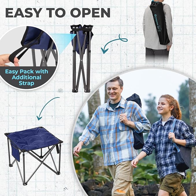 FUNDANGO Folding Camping Stool, 18.1 Inch Oversized Foot Rest 440 Lbs Heavy Duty Portable Padded Stools Seat Anti-Slip Foots & Carry Strap for Fishing Outdoor Lawn Travel (Blue)