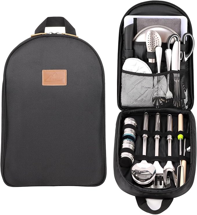 Portable Camping Kitchen Utensil Set-27 Piece Cookware Kit, Stainless Steel Outdoor Cooking and Grilling Utensil Organizer Travel Set Perfect for Travel, Picnics, RVs, Camping, BBQs, Parties and More