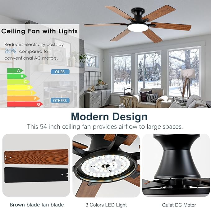 Ceiling Fans with Lights,54 Inch Low Profile Ceiling Fan with Light and Remote Control,6 Speeds/6 Blade,Flush Mount,LED Dimmable DC Reversible Modern, Brown Ceiling Fan for Bedroom/Living Room