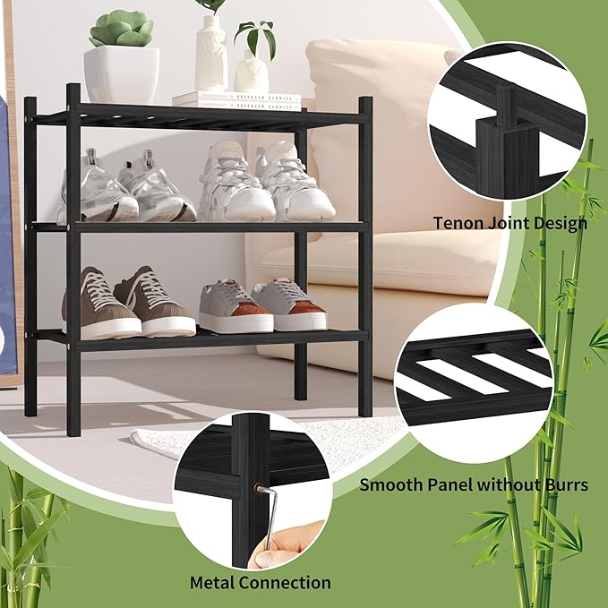 3-Tier Bamboo Small Shoe Rack, Free Standing Wood Shoe Shelf Storage Organizer for Closet Entryway Stackable (Black)