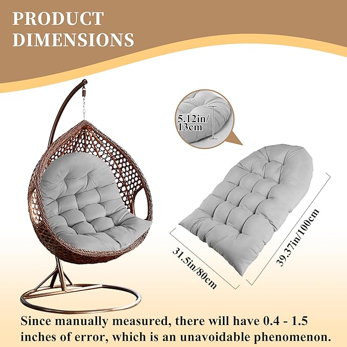 Thicken Egg Chair Cushion Replacement, Outdoor Hammock Swing Chair Cushions, Hanging Wicker Basket Seat Pad with High Elasticity PP Cotton, for Garden Patio Porch Furniture (Only Cushion)