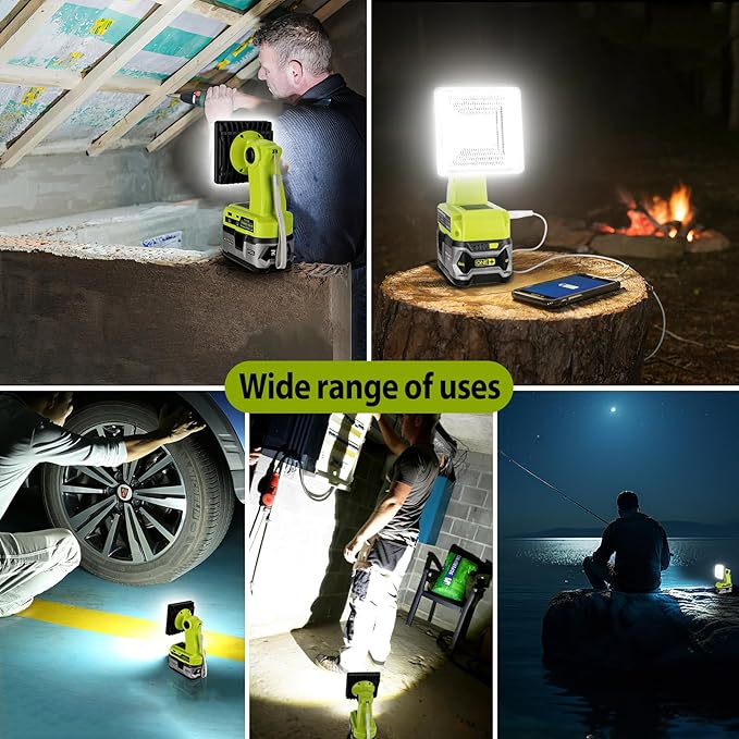 25W 2000LM Cordless LED Work Light Compatible with Ryobi One 18V Battery Portable Flood Lights for Outdoor Indoor Workshop Job Site, LED Floodlight with Pivoting Head/USB Port(No Battery)
