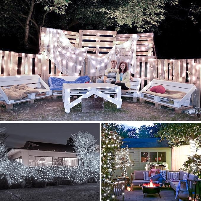 KNONEW 100FT Outdoor Christmas Fairy Lights Plug in,300 LED String Lights Outdoor Waterproof 8 Modes for Wedding Bedroom Walls Garden Trees Decoration(Cool White)