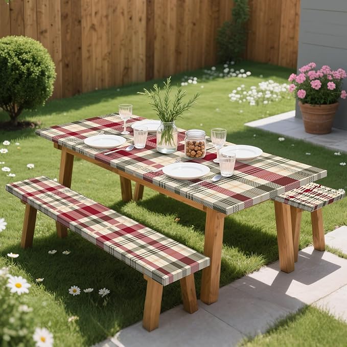 Picnic Table Cover with Bench Covers, 3 Pcs Waterproof Elastic Picnic Table Cover Fall Outdoor Camping Essentials, Windproof Fitted Tablecloth for Indoor Outdoor (Plaid, 72X30 Inch)