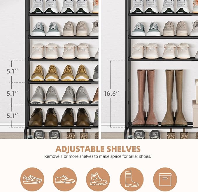 STORAGE MANIAC Expandable Shoe Rack, 44 Pairs Stackable Small Shoe Rack, Metal Adjustable Shoes Organizer for Closet, Entryway, Hallway, Garage, Front Door, Shoes Shelves, Black 10 Tier