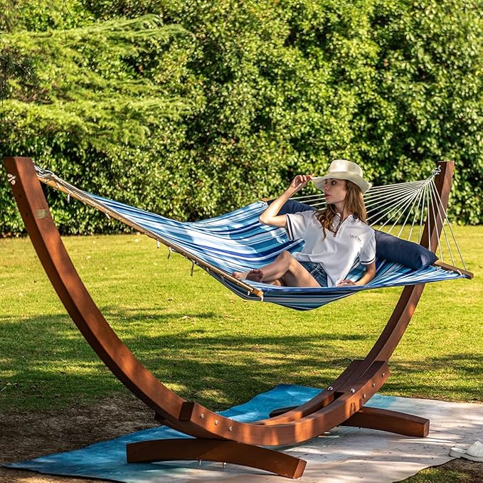 Lazy Daze Hammocks 12 FT Quilted Fabric Double Hammock with Spreader Bars and Detachable Pillow, 450 LBS Weight Capacity, Mixed Blue Stripes