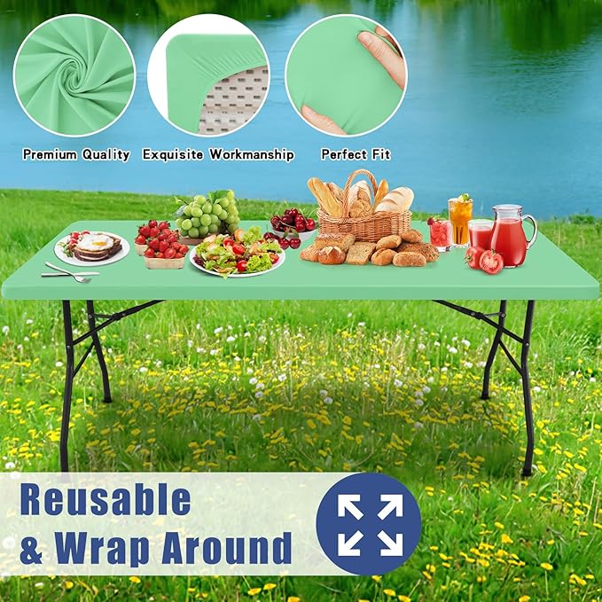 Spandex Picnic Table Cloth 2 Pack, Elastic Fitted Tablecloths for 4 Foot Rectangle Tables, Stretch Washable Patio Table Cover for Outdoor, Camping, Banquet and Parties (Bright Green, 30"x48")