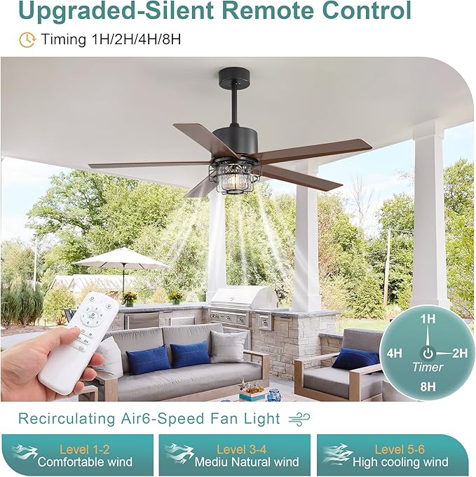 52-Inch Outdoor Fan Light,with Light and Remote Control,6-Speed Reversible DC Motor,Adjustable Height, Suitable for Pavilions and Porches.(Wood Grain)