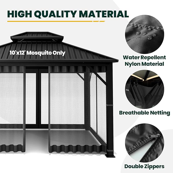Gazebo Universal Replacement Mosquito Netting, 10' x 12' Outdoor Canopy Net Screen 4-Panel Sidewall Curtain, with Zippers, Easy to Install, Fit for Most Gazebo 10x12 Canopy, Black