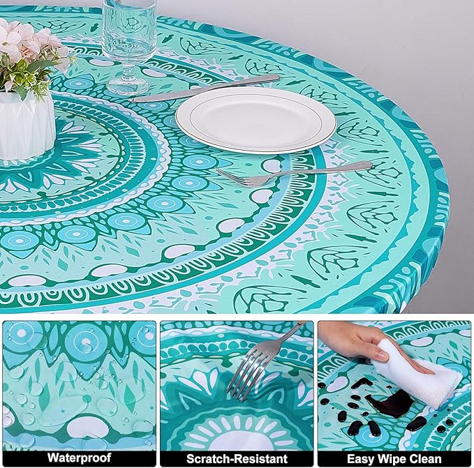 Round Tablecloth Fitted Elastic Table Cover Waterproof Table Cloth for Dinner, Party, Picnic,Camping, Round Table Cover for Indoor Outdoor