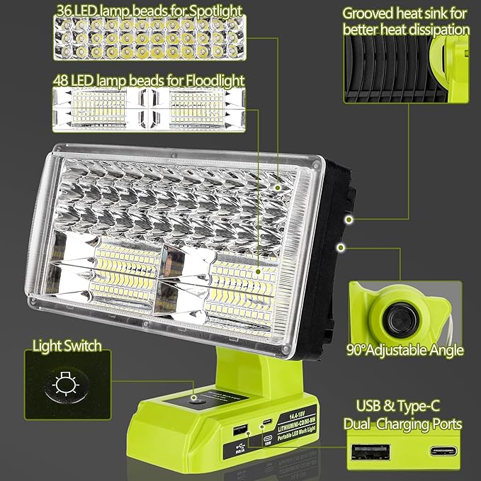50W 4200LM Cordless LED Work Light for Ryobi One 18V Battery Portable Flood Lights for Outdoor Indoor Workshop Job Site, Floodlight & Spotlight Modes/Pivoting Head/USB Port(No Battery)