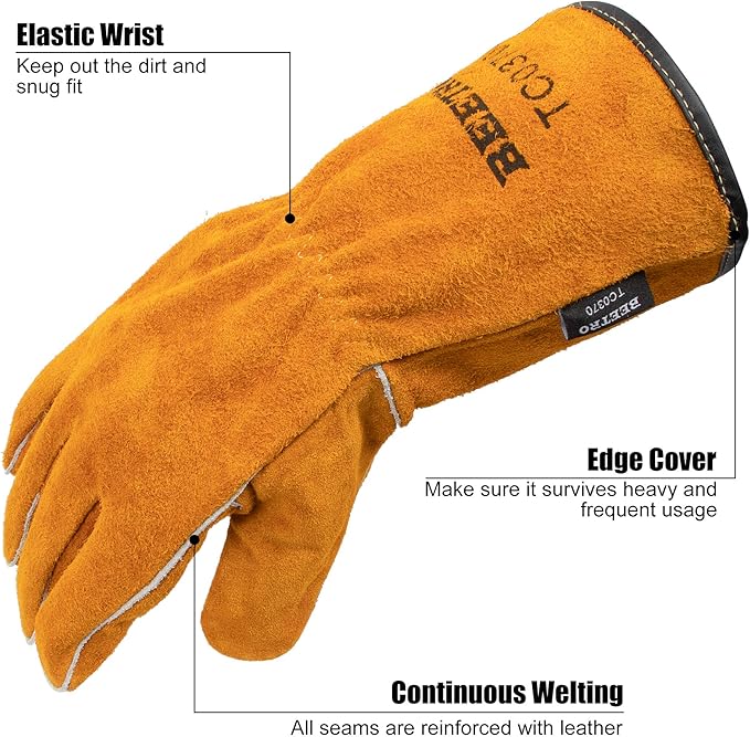 BEETRO Welding Gloves 1 Pair, Cow Leather Forge/Mig/Stick Welder Heat/Fire Resistant, Mitts for Oven/Grill/Fireplace/Furnace/Stove/Pot/Wood Burner/BBQ/Animal handling glove with Soft Lining