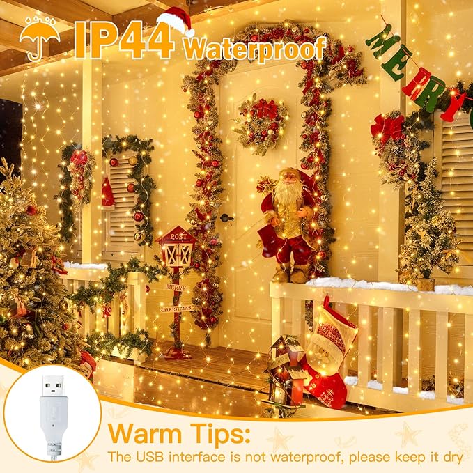 Ollny Silver Copper Wire Fairy Lights Curtain 200 LED 6.6x6.6ft, USB Warm White Curtain Lights with Hook, Waterproof Window Light for Bedroom Backdrop Wall Outdoor Indoor Decorations