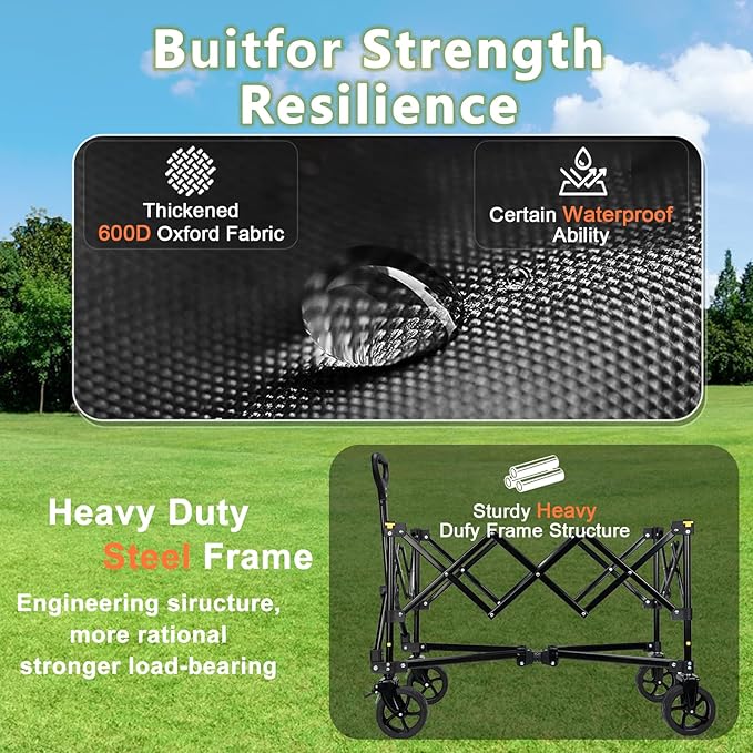 Collapsible Wagon Cart with Brake, Foldable Wagon Cart with All Terrain Wheels, Large Grocery Carts On Wheels, Heavy Duty Utility Wagons for Shopping Beach Sports Fishing Camping, 110L, Black