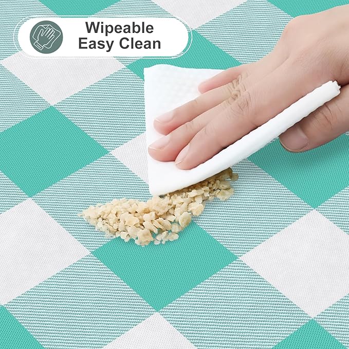 misaya Round Waterproof Vinyl Table Cloth, Buffalo Flannel Backed Tablecloth, Wipeable Plastic Table Cover for Dinner, Kitchen, Picnic (60", Teal and White)