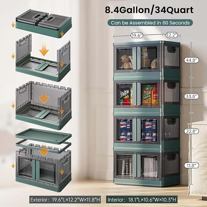 8.4Gal Collapsible Storage Bins with Lids & Wheels - 2 Pack Stackable with Doors, Heavy-Duty Plastic Containers for Home/Office, Green