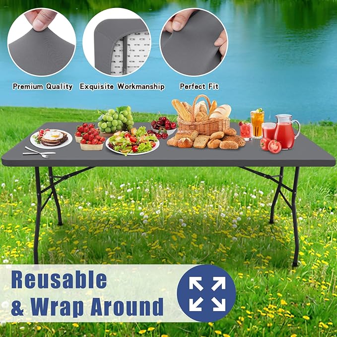 Spandex Picnic Table Cloth 2 Pack, Elastic Fitted Tablecloths for 6 Foot Rectangle Tables, Stretch Washable Patio Table Cover for Outdoor, Camping, Banquet and Parties (Grey, 30"x72")