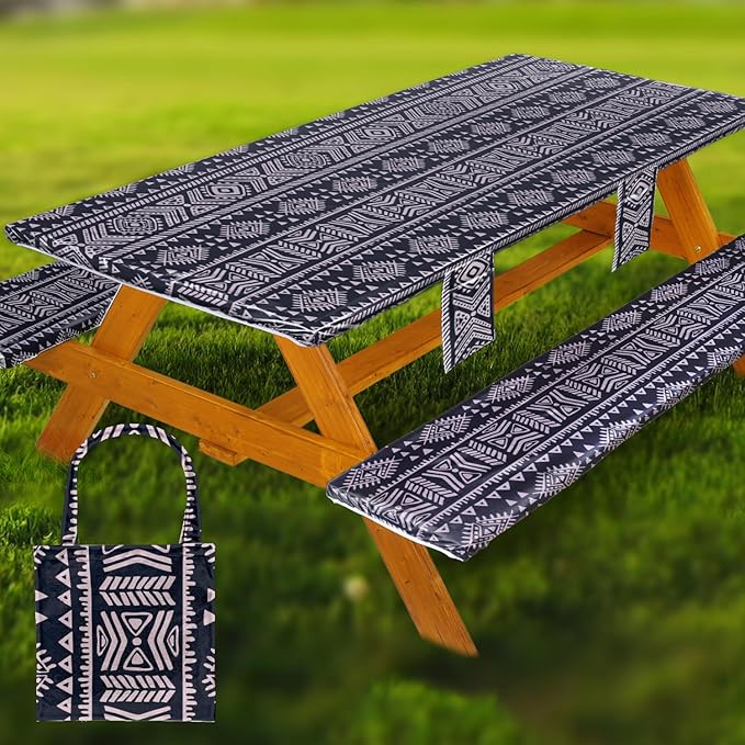 Picnic Table Cover with Bench Covers Vinyl Elastic Edges Fitted Rectangle Seat Tables Waterproof 3-Piece96X30in Set Outdoor Rectangular Folding Backing Tablecloth for Camping Over SizeTie-Dye 116