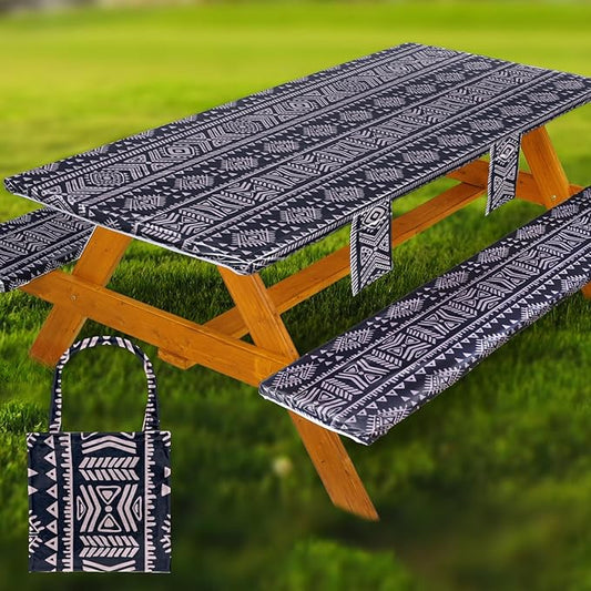 Picnic Table Cover with Bench Covers Vinyl Elastic Edges Fitted Rectangle Seat Tables Waterproof 3-Piece96X30in Set Outdoor Rectangular Folding Backing Tablecloth for Camping Over SizeTie-Dye 116