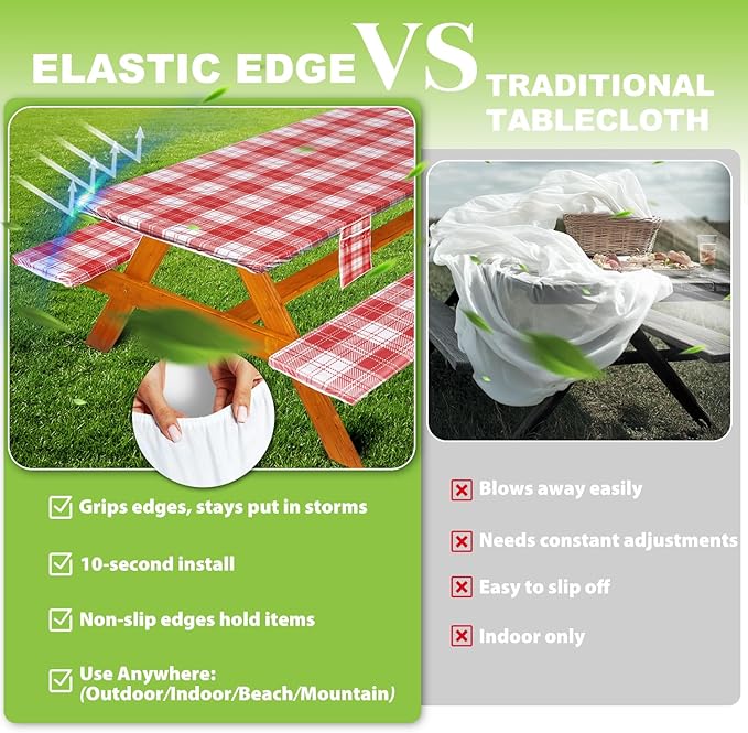 Fitted Picnic Table Cover with Bench Covers Waterproof Elastic Edges Rectangle Patio Tablecloth Outdoor Camping Essentials Stuff Rv Accessories Summer Trip Travel Camper Gifts for Woman Men, 72in 6 ft
