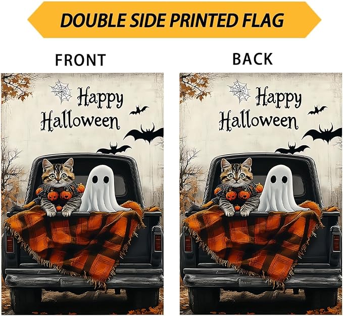 Happy Halloween Garden Flag 12X18 Inch Double Side,Ghost Yard Flag,Cat Small Garden Flag,Yard Outdoor Flag for Holiday Outside Patio Lawn Decoration