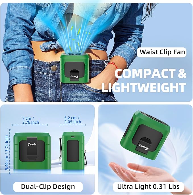 Zeadio Portable Waist Clip Fan, 3 Speeds 10000mAh Operated Hands-free Wearable Necklace Fan, with lighting function for Hot Flashes Home Office Travel Outdoor Sports - Green