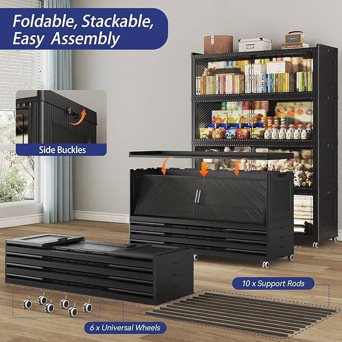 320GAL Extra Large Stackable Storage Bins with Lid, 1280QT Plastic Closet Organizer and Storage Cabinet with Wheels and Doors, Folding Storage Box Container for Home Organization, 4Pack Black