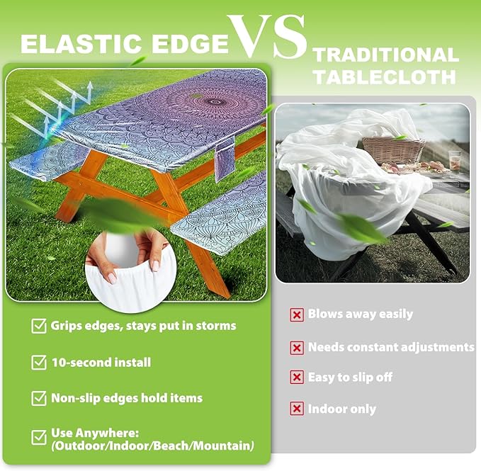 Picnic Table Cover with Bench Covers Vinyl Elastic Edges Fitted Rectangle Seat Tables Waterproof 3-Piece96X30in Set Outdoor Rectangular Folding Backing Tablecloth for Camping Over SizeTie-Dye106