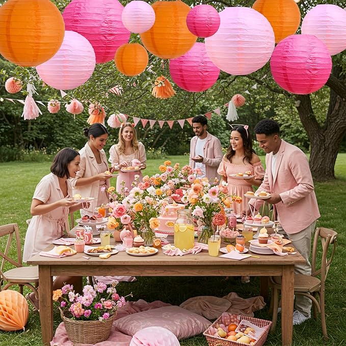 BEISHIDA 12Pcs Pink Orange Paper Lanterns Decorative Hanging Round Paper Lanterns Lamp for Birthday, Wedding,Bridal,Home Decor,Outdoor Decoration,Party Decoration
