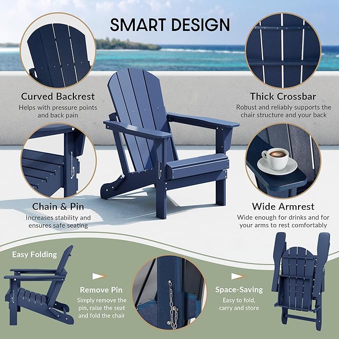 WestinTrends Malibu HDPE Outdoor Patio Folding Poly Adirondack Chair, Navy Blue